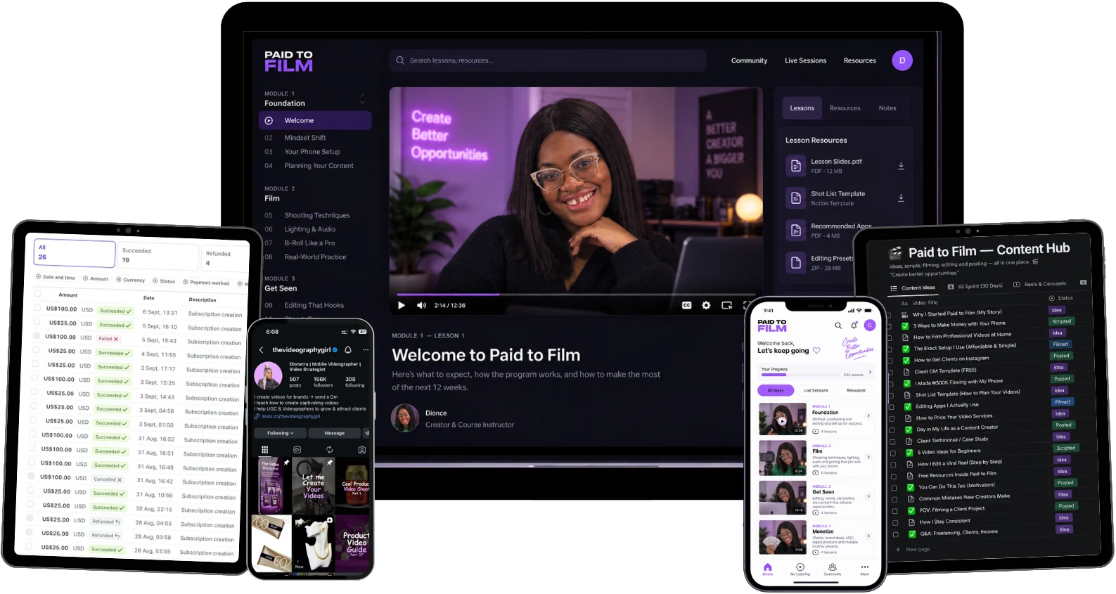 The Paid to Film course platform on desktop, tablet and phone: module list, lesson video, downloadable resources and the content planner.