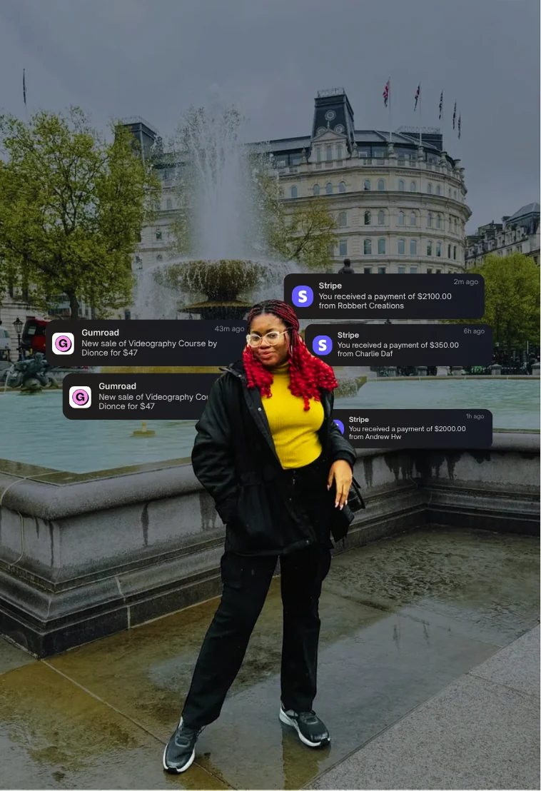 Dionce in Trafalgar Square, London, overlaid with Gumroad sale and Stripe payment notifications.