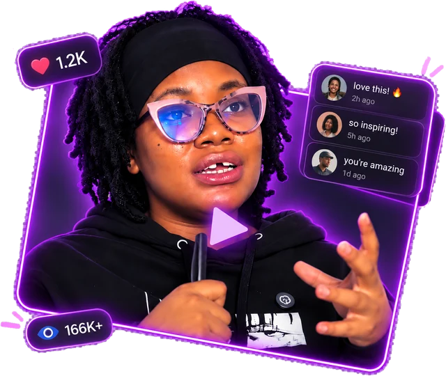 Dionce mid-sentence in a neon video frame, with likes, comments and a 166K+ view count