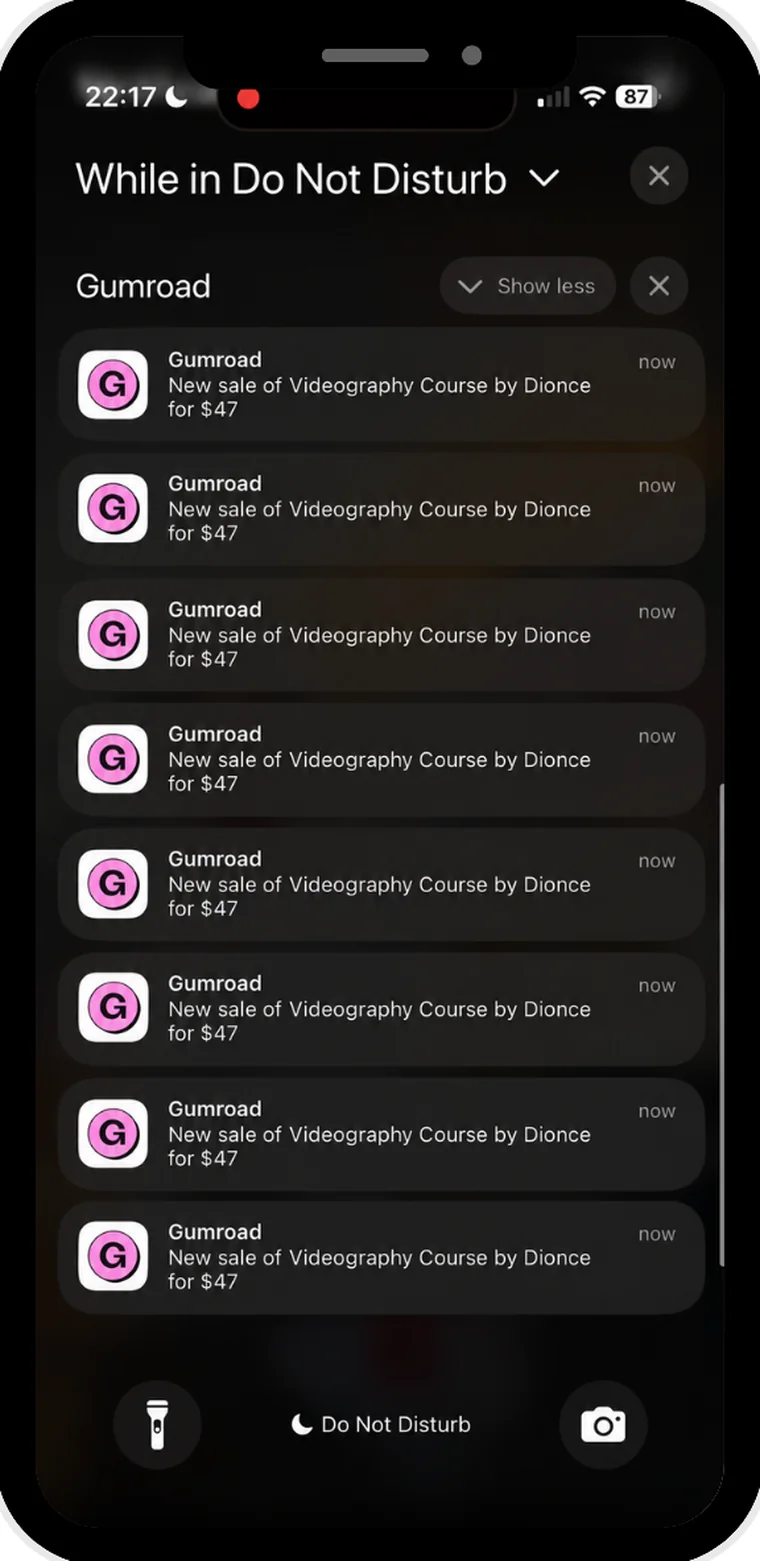 A phone notification stack, every alert reading: Gumroad - new sale of Videography Course by Dionce for $47